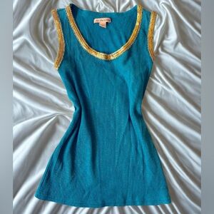 Y2K Teal Ribbed Tank Top w/ Gold Sequin Trim